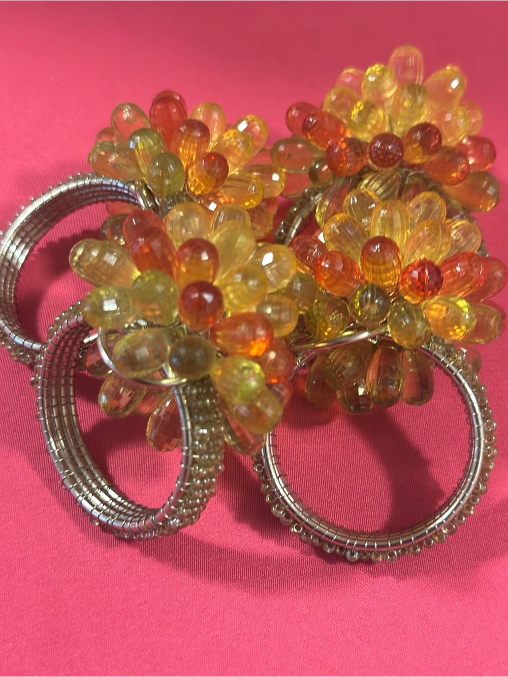 Glass Bead Flower Napkin Rings in Amber & Yellow